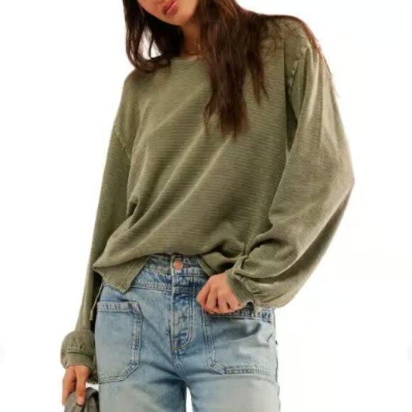 Free People Soul Song Textured Long Sleeve Top, Dried Basil, Size Medium - Picture 1 of 14